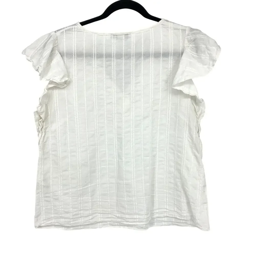 White House Black Market Flutter Sleeve V-Neck Blouse Womens Sz M White Stripe
